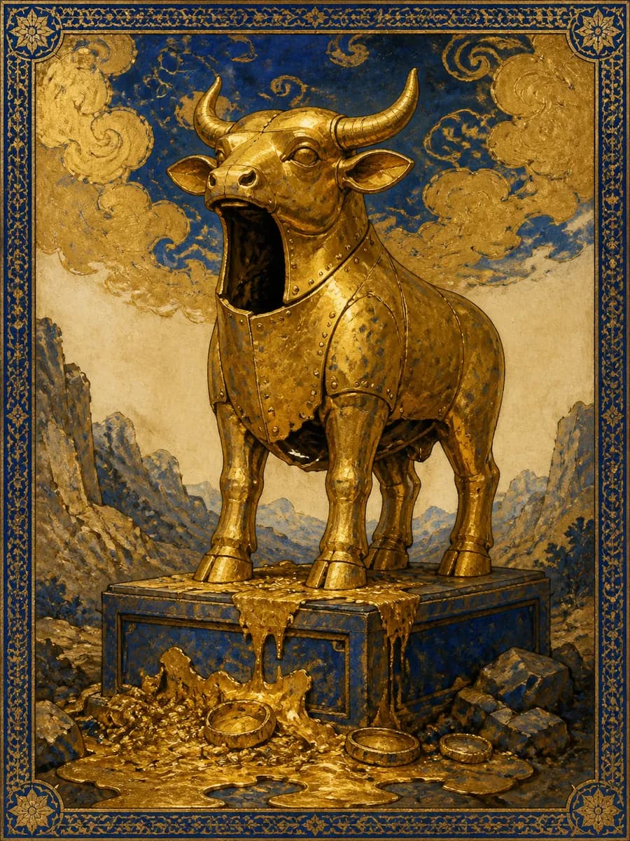 Editorial portrait for The Golden Calf: The hollow idol-calf in cold contrast