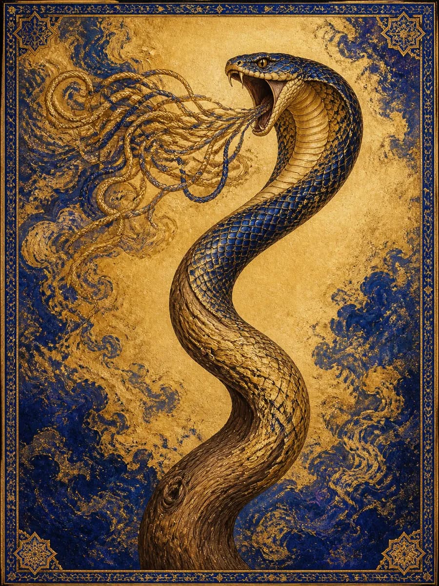 Editorial portrait for The Serpent of the Staff: The staff-serpent mid-transformation