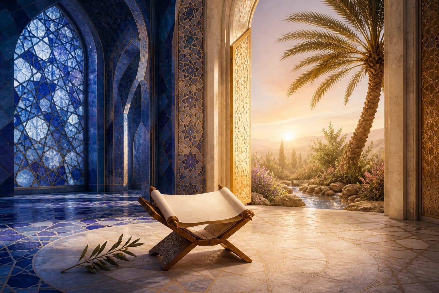 A blue geometric arcade opens into a sunlit palm garden, with an unlettered scroll and olive branch at the threshold.