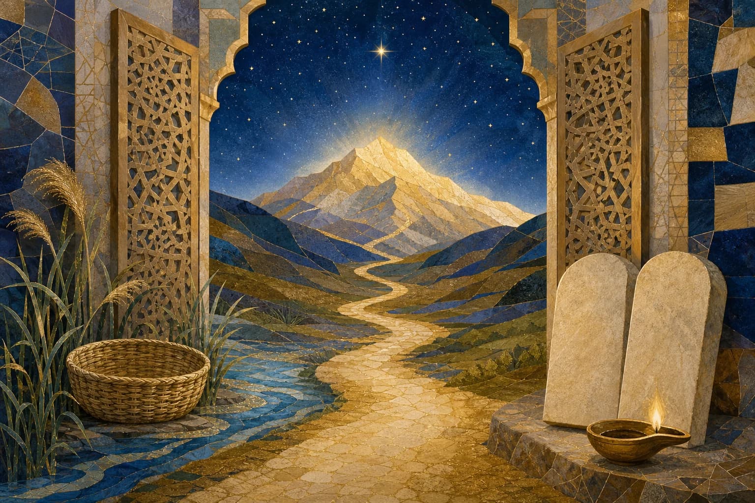 An empty woven basket rests among river reeds beside plain stone tablets, while a golden path climbs toward a radiant mountain.