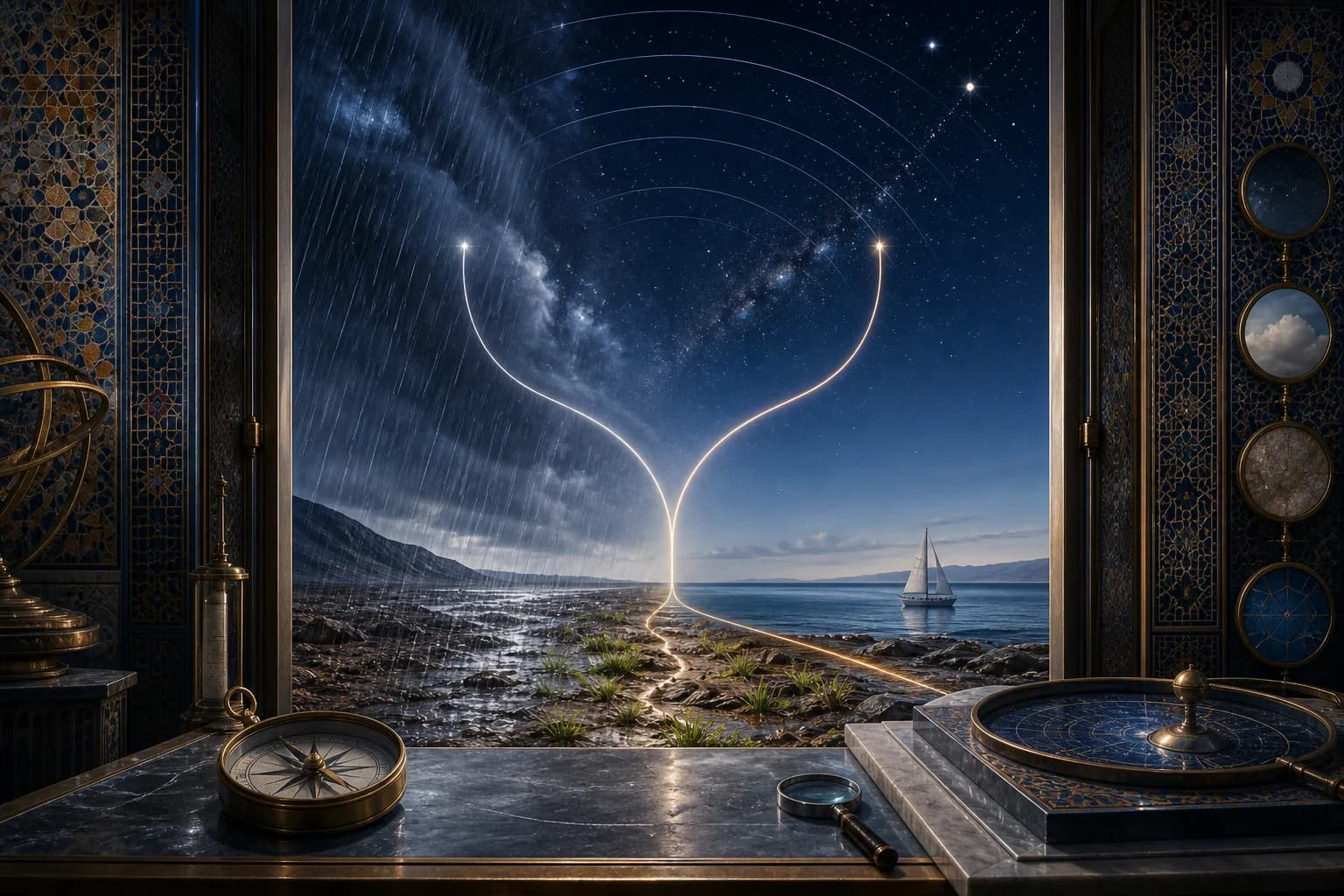An observatory-like threshold frames stars, rain, new growth, and a riderless sailboat, with a compass and lens on an evidence table.