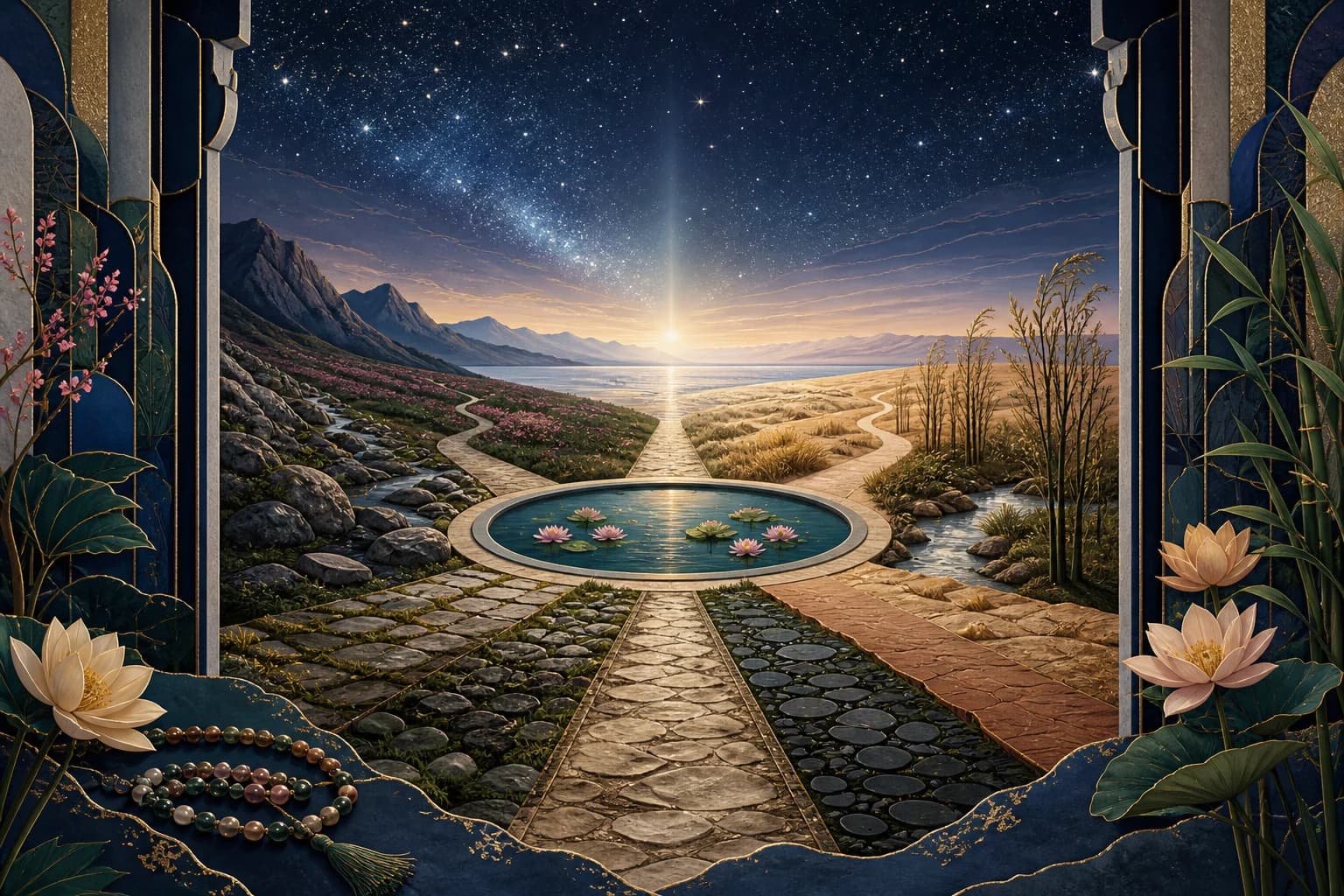 Distinct mountain, garden, stone, and desert paths meet at a calm pool beneath one immense star-filled sky.