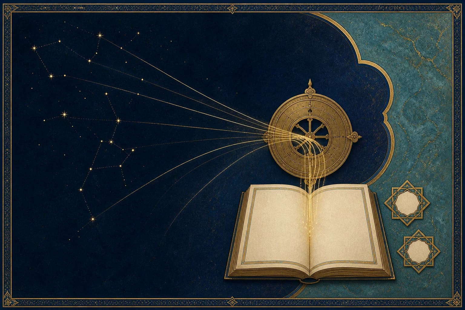 Golden paths converging through an astrolabe onto a blank manuscript