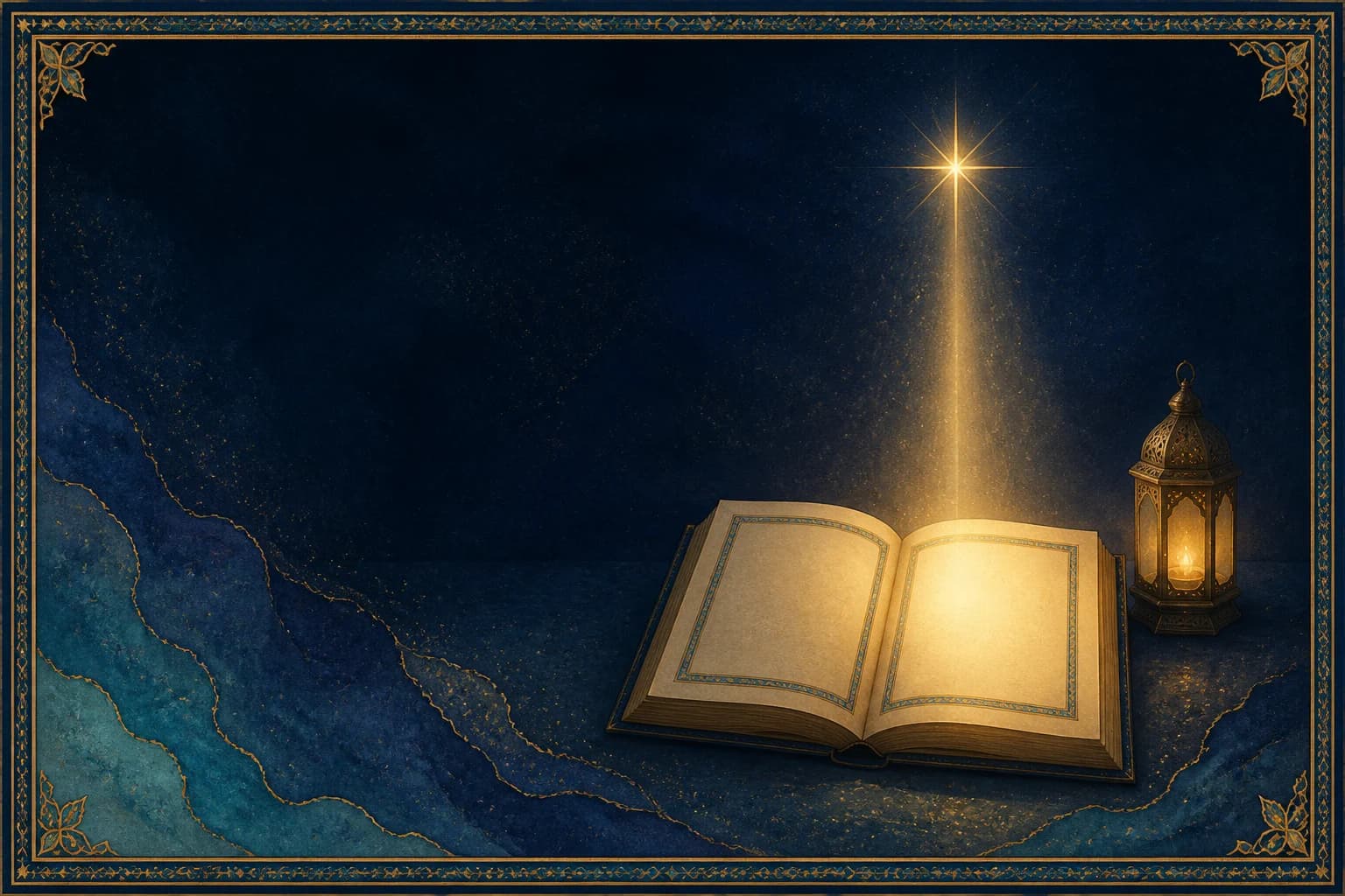 A single star illuminating a blank manuscript beside a lantern