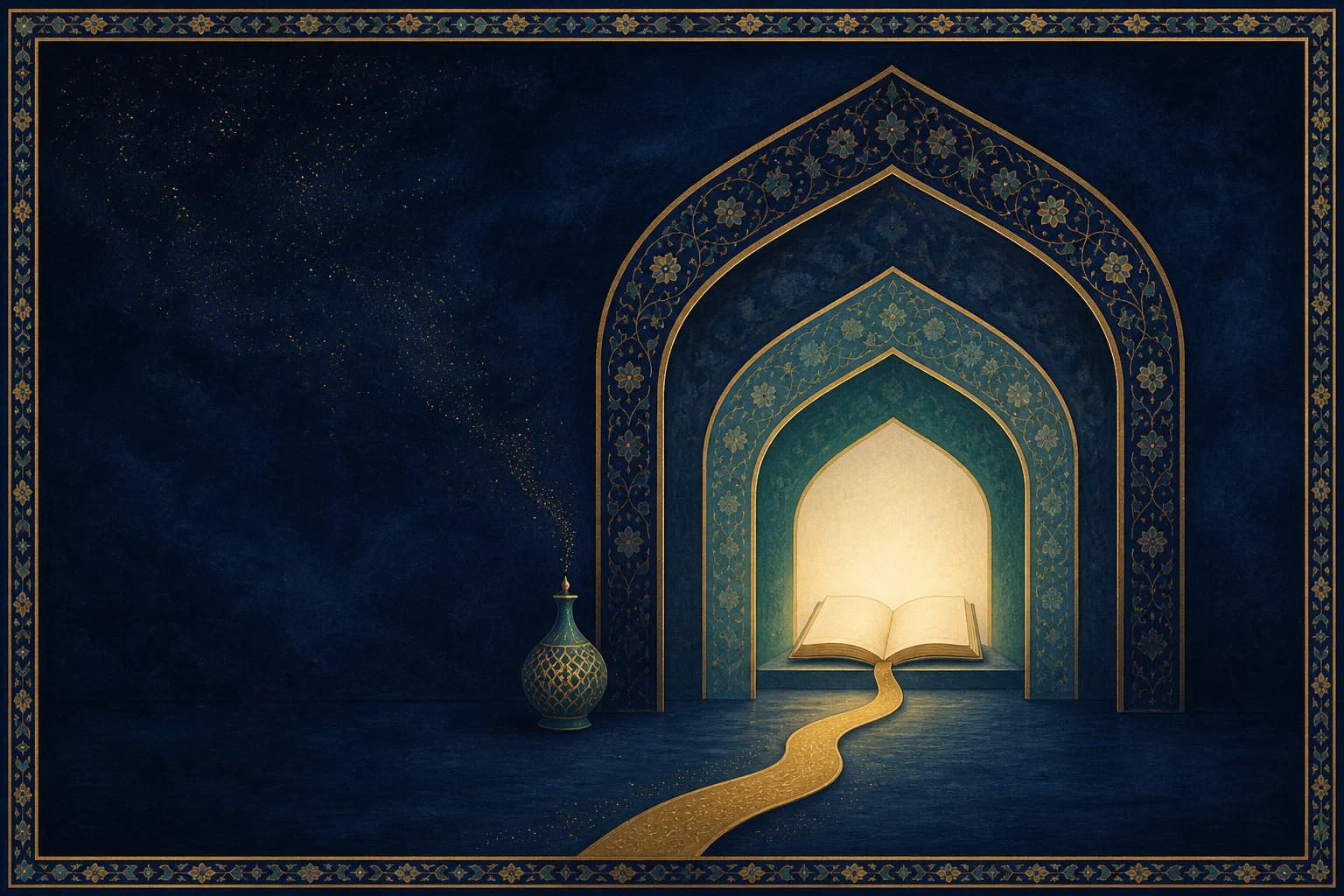 Nested illuminated gateways leading toward a blank open manuscript