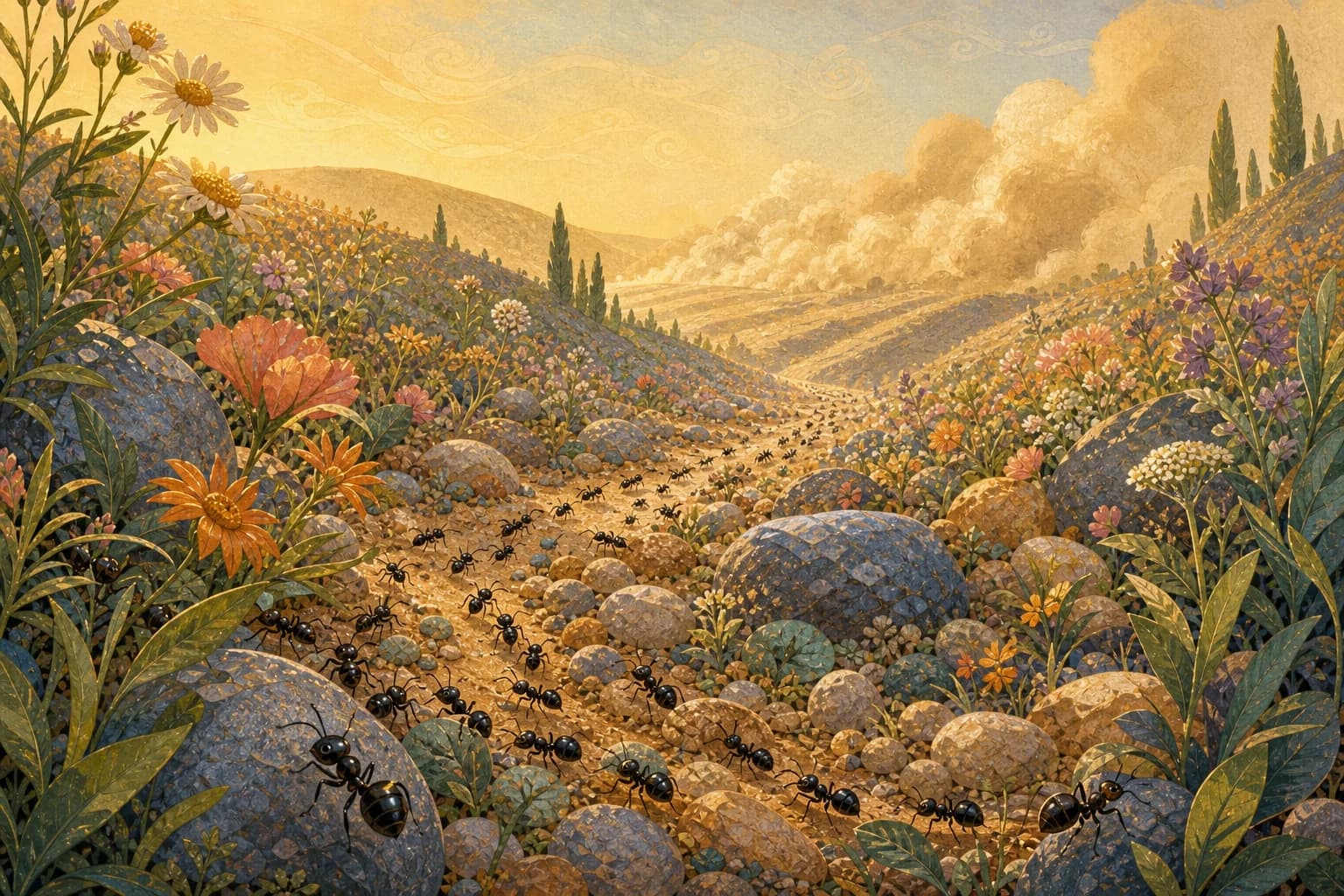 A flower-filled ant valley with winding paths between stones beneath a warm sunrise.