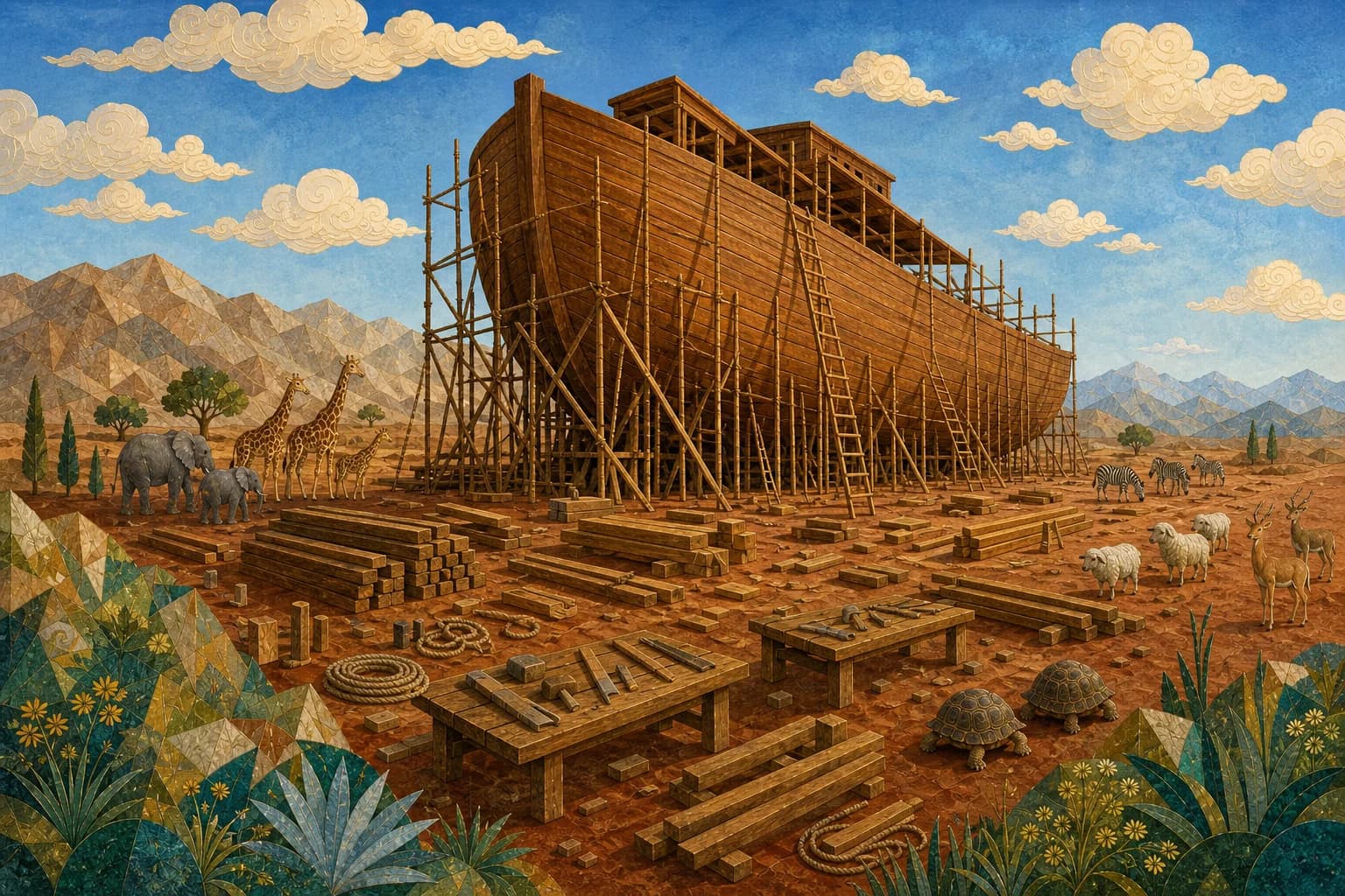 A huge wooden ark rises on scaffolding over dry land, with timber, ladders, mountains, and animal pairs nearby.