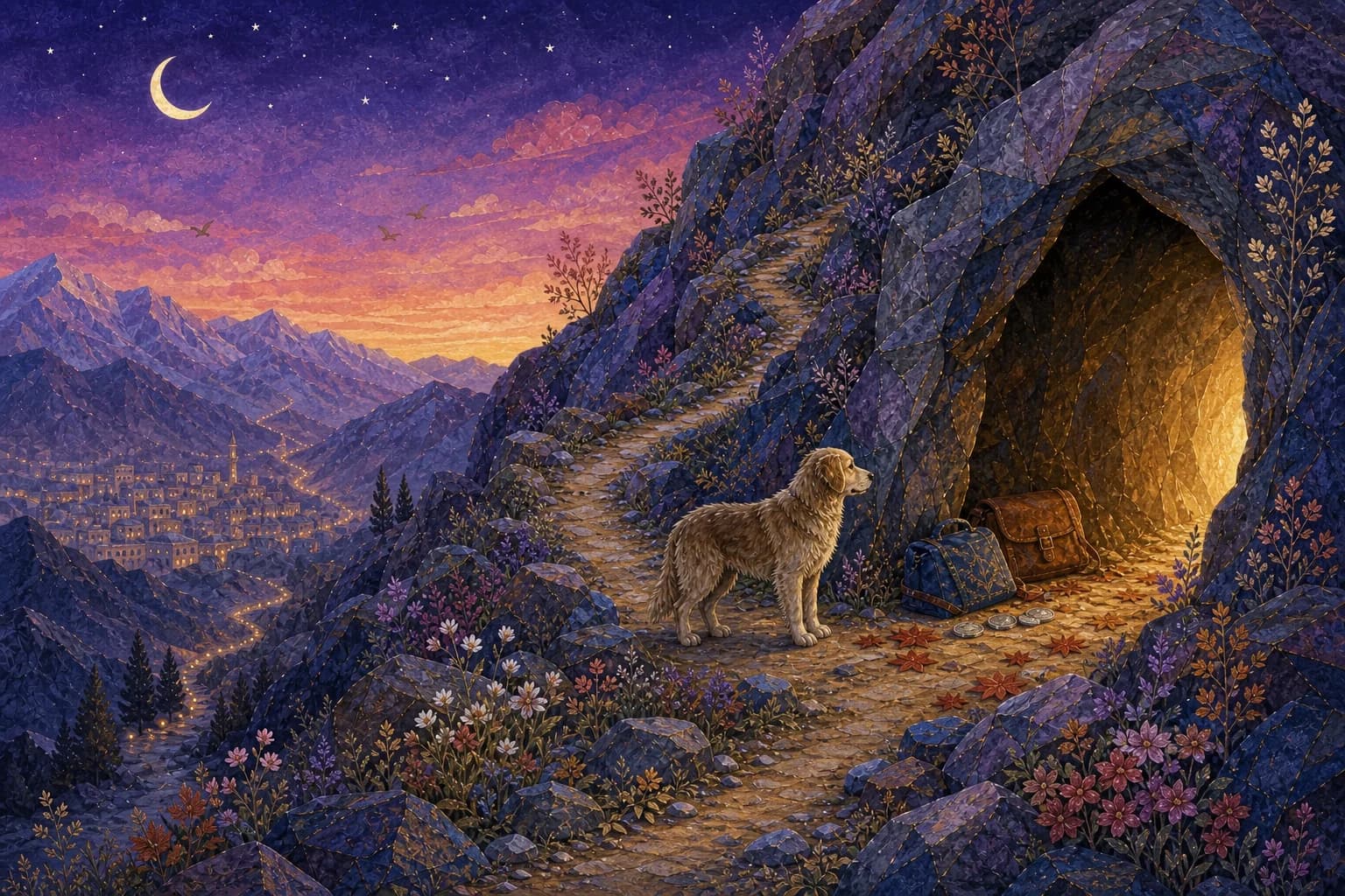 A loyal dog watches beside a mountain cave where empty travel mats glow in warm sheltering light.