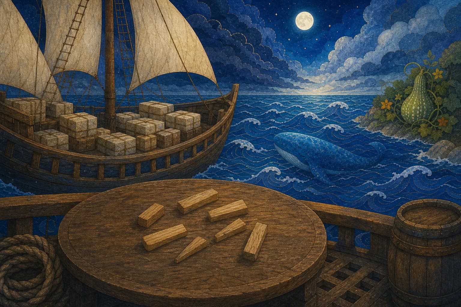 A loaded sailing ship crosses dark waves beside a table where small wooden lots have been cast.