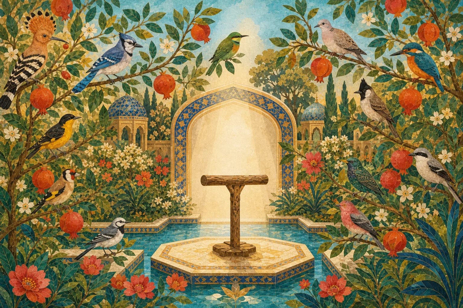 An empty wooden perch stands in a bright fruit garden while hoopoes gather nearby.