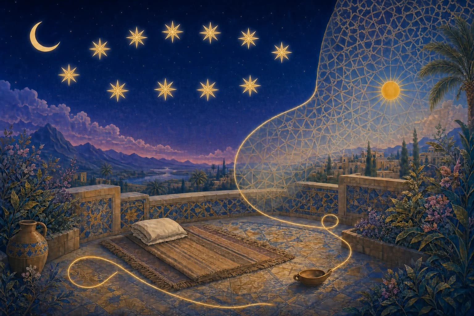 Eleven large golden stars, a crescent moon, and a sun appear over an empty prayer rug in a deep blue mosaic night.