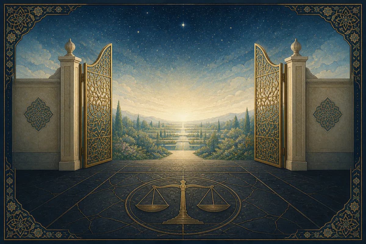 Balanced scales before open gates leading toward a luminous garden horizon