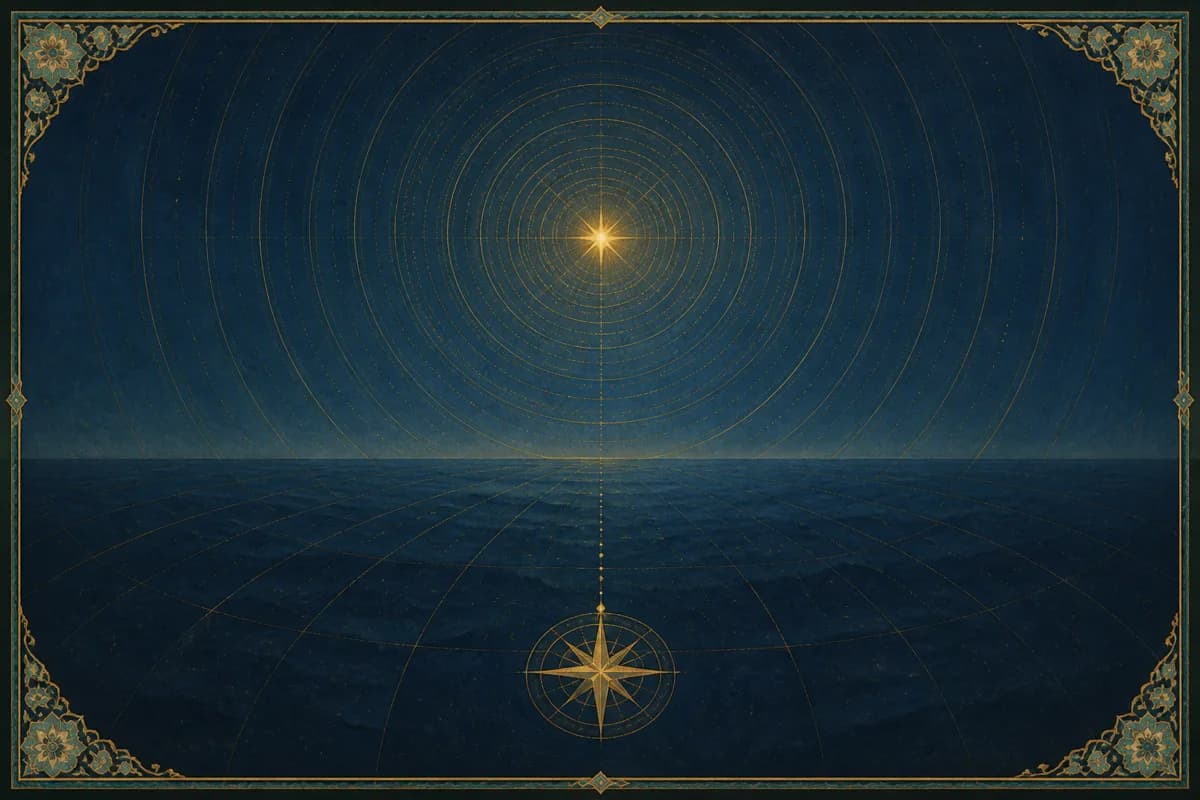 A single point of light aligned with a compass across an infinite blue horizon