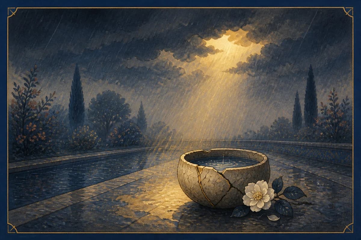 A cracked vessel holding rain beneath a warm opening in the clouds