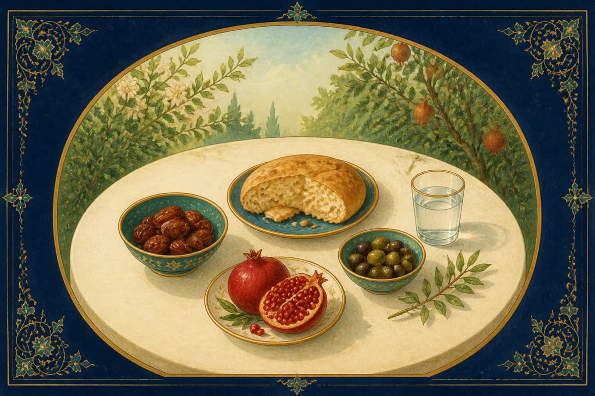 A restrained table of dates, bread, olives, pomegranate, and water within a gold border