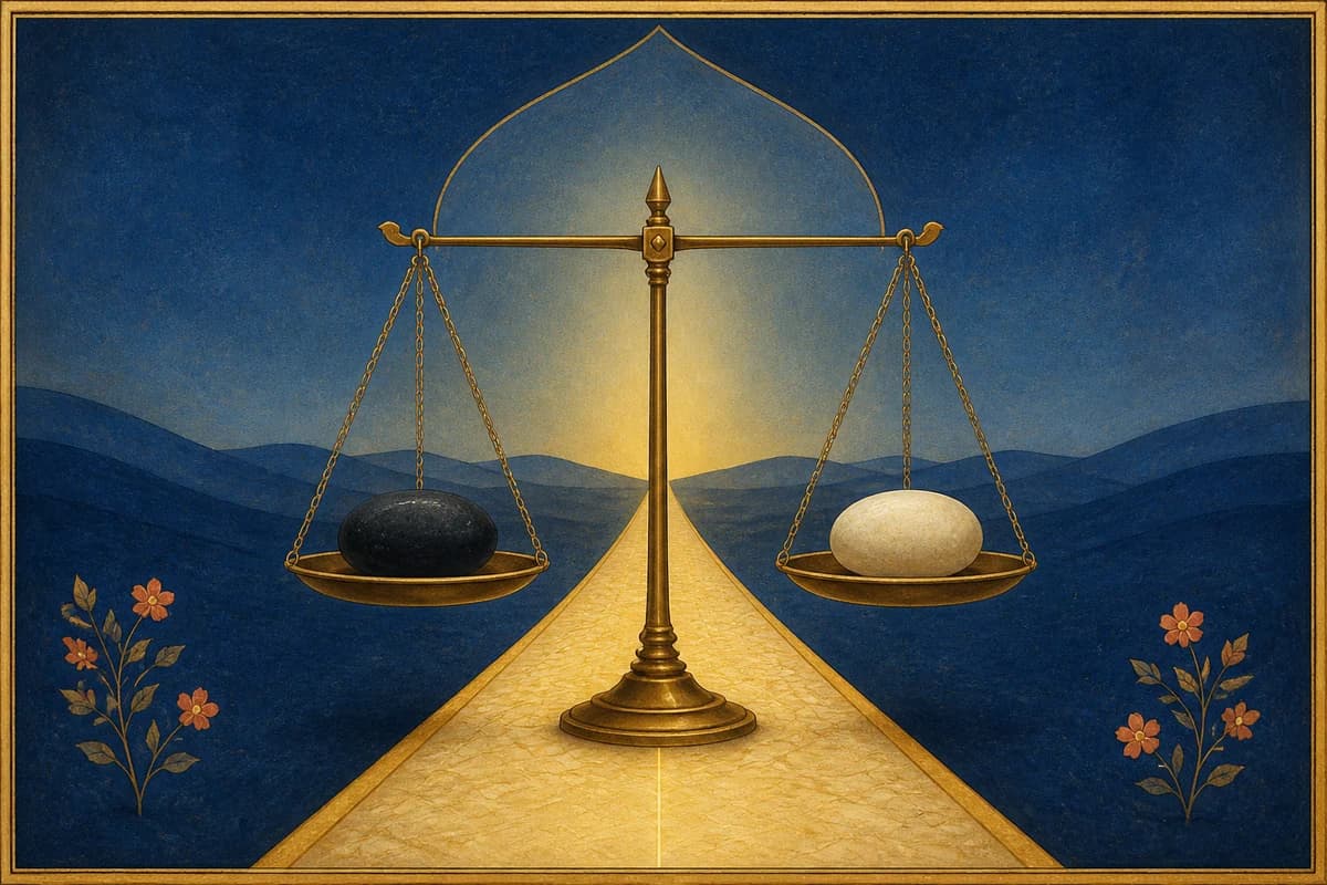 A level brass balance holding equal dark and light stones