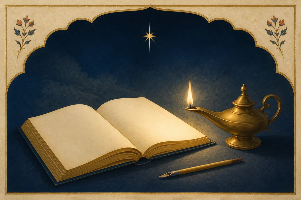 A lamp illuminating a blank open manuscript and reed pen