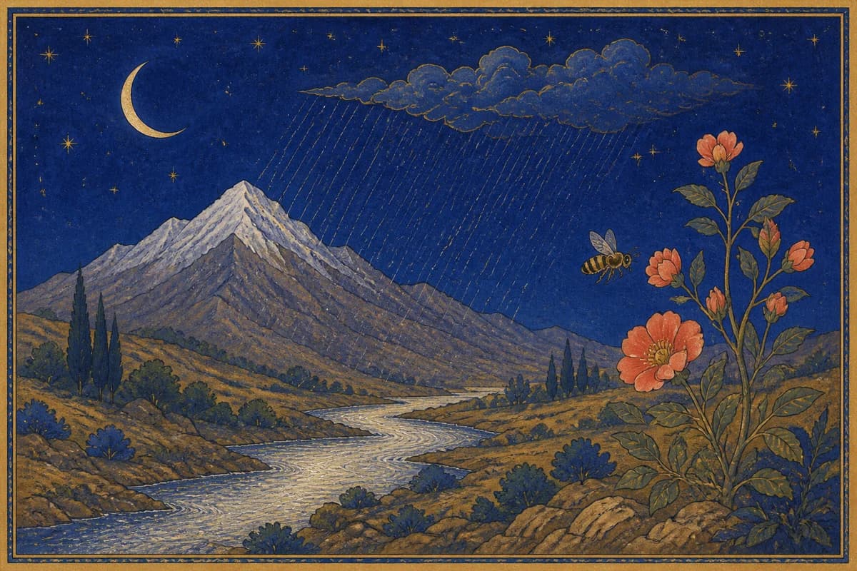 Rain descending over a mountain, river, flower, and bee