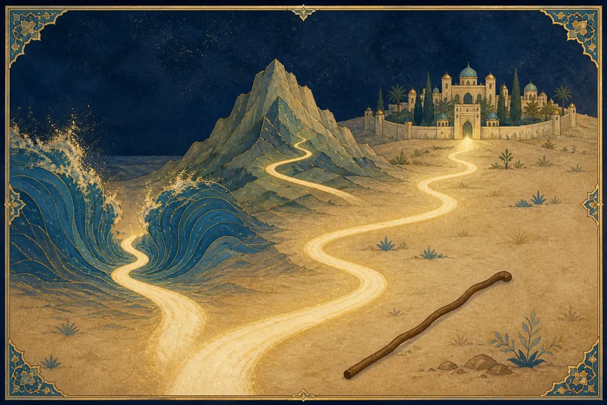 A luminous path crossing parted waters, a mountain, and an ancient city beside a wooden staff