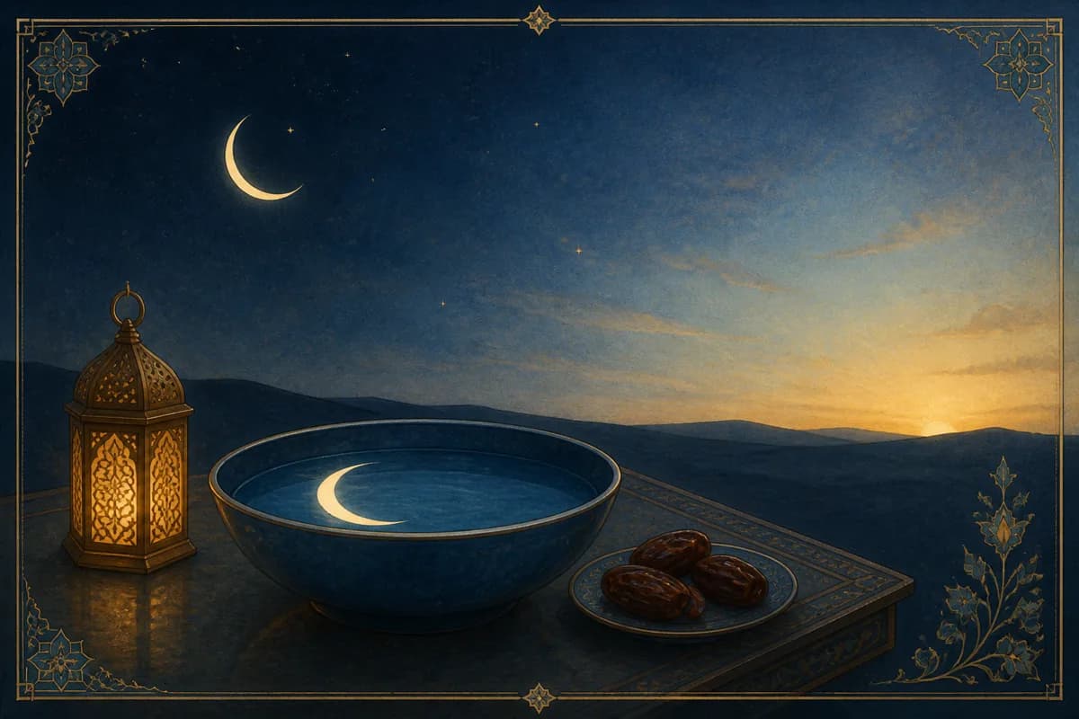A crescent reflected in water beside three dates and a lantern between dusk and dawn