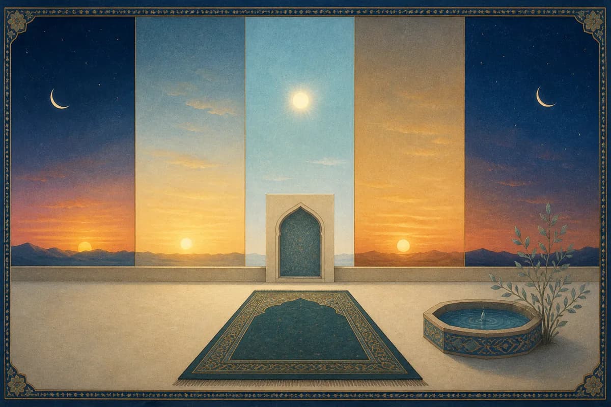 An empty prayer rug beneath five bands of light marking the daily rhythm of prayer