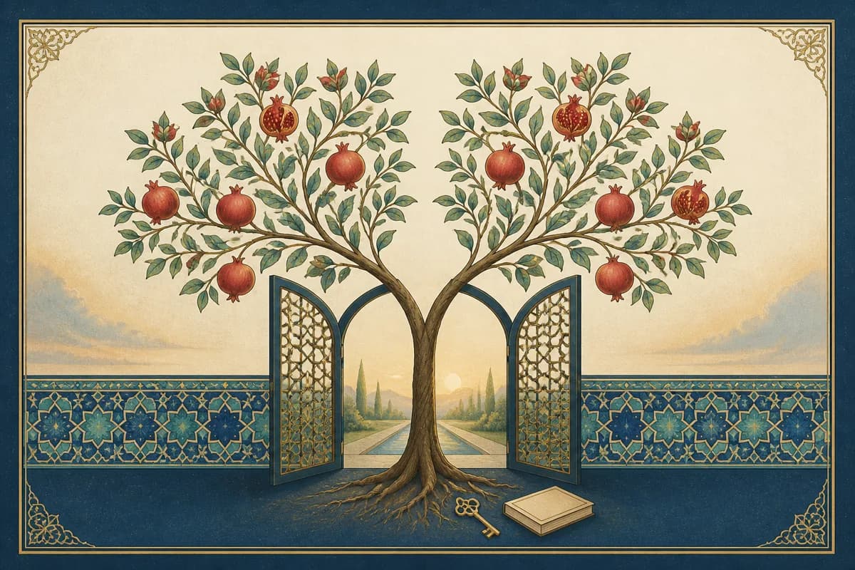 A balanced pomegranate tree growing through open garden gates beside a key and blank book