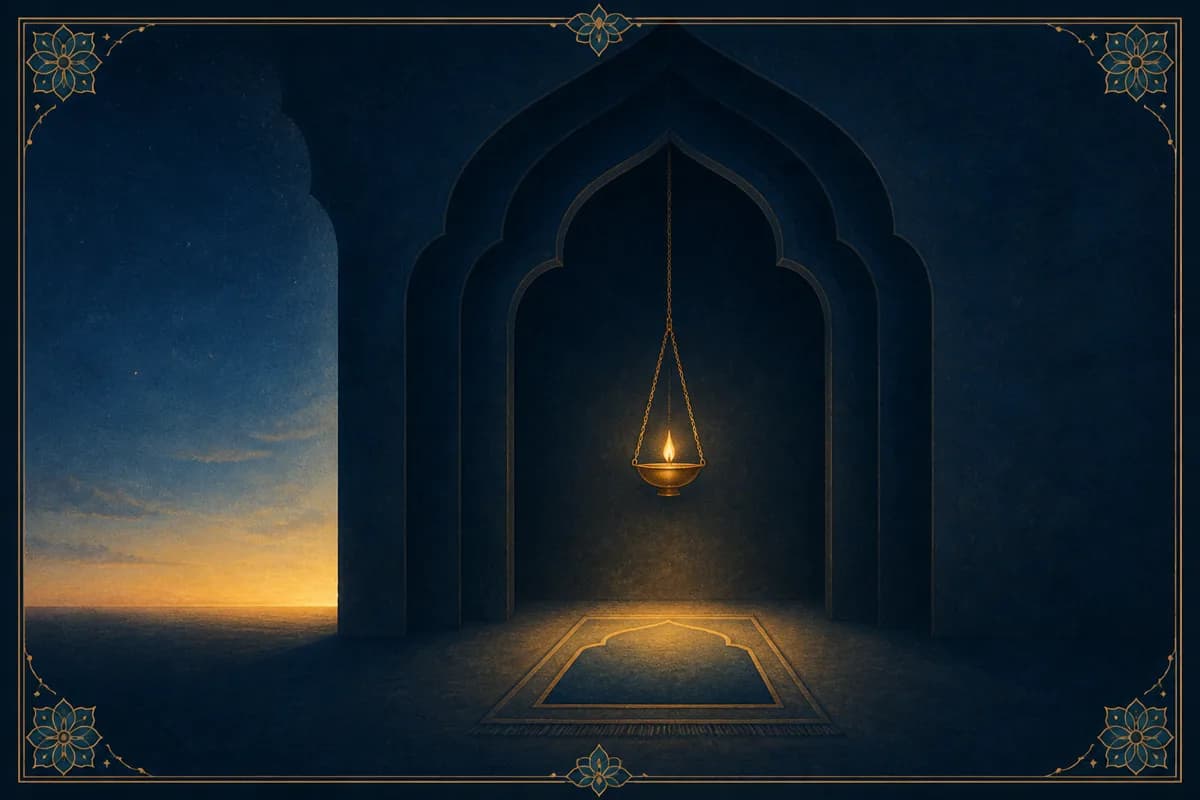 An empty prayer niche and rug illuminated by a suspended oil lamp at dawn