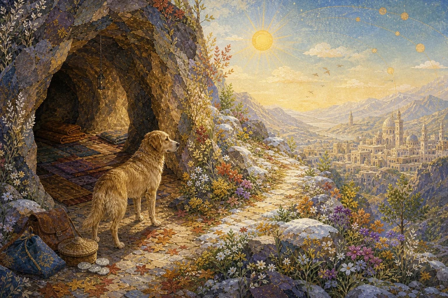 كلب يقف عند مدخل كهف تحفّه الزهور، مطلًّا على وادٍ مشرق بعد فصول كثيرة مضت.