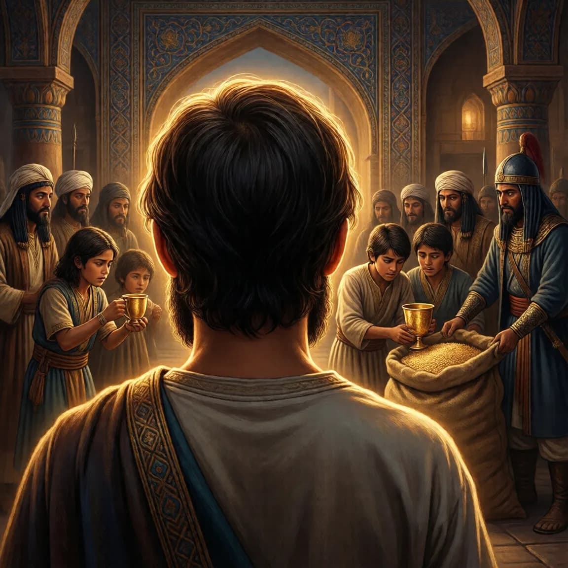 كأس ذهبية تُرفع من كيس حبوب مفتوح على أرض فناء، والإخوة يتحلّقون حولها في ذهول، والحراس يُبقون الكيس مفتوحًا.