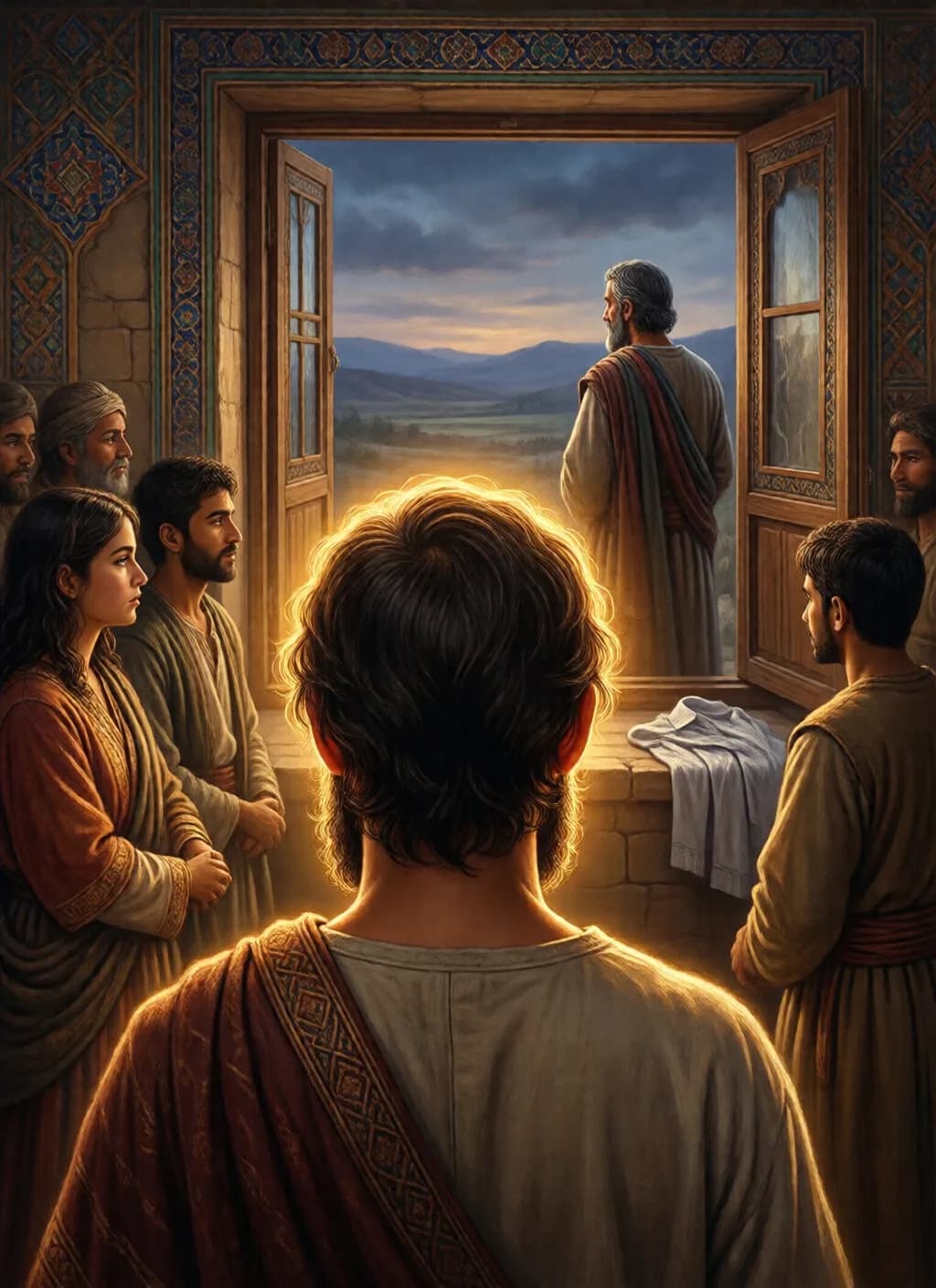 شخص مسنّ في رداء يقف وحده عند نافذة موليًا ظهره للناظر، يتطلع إلى وادٍ خالٍ في المساء، وبجانبه على حافة النافذة قميص مطوي.
