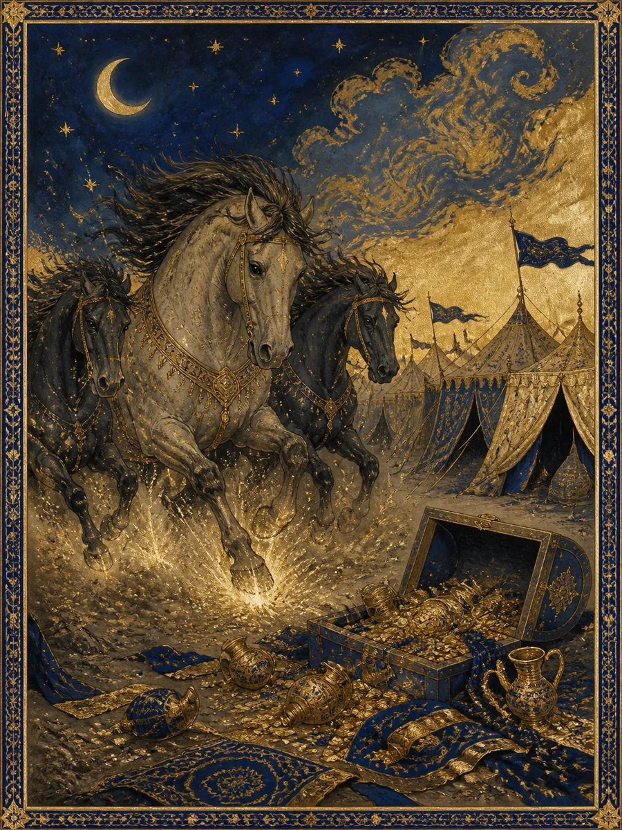 Editorial illuminated painting for Al-Aadiyaat, sura 100