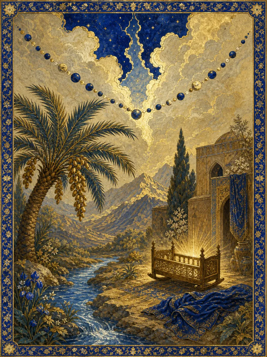 Editorial illuminated painting for Maryam, sura 19