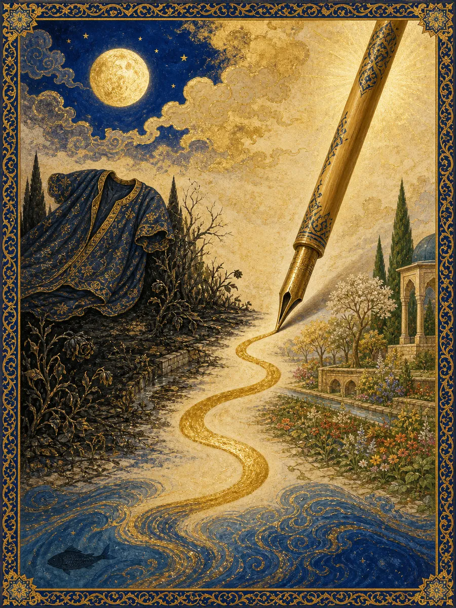Editorial illuminated painting for Al-Qalam, sura 68