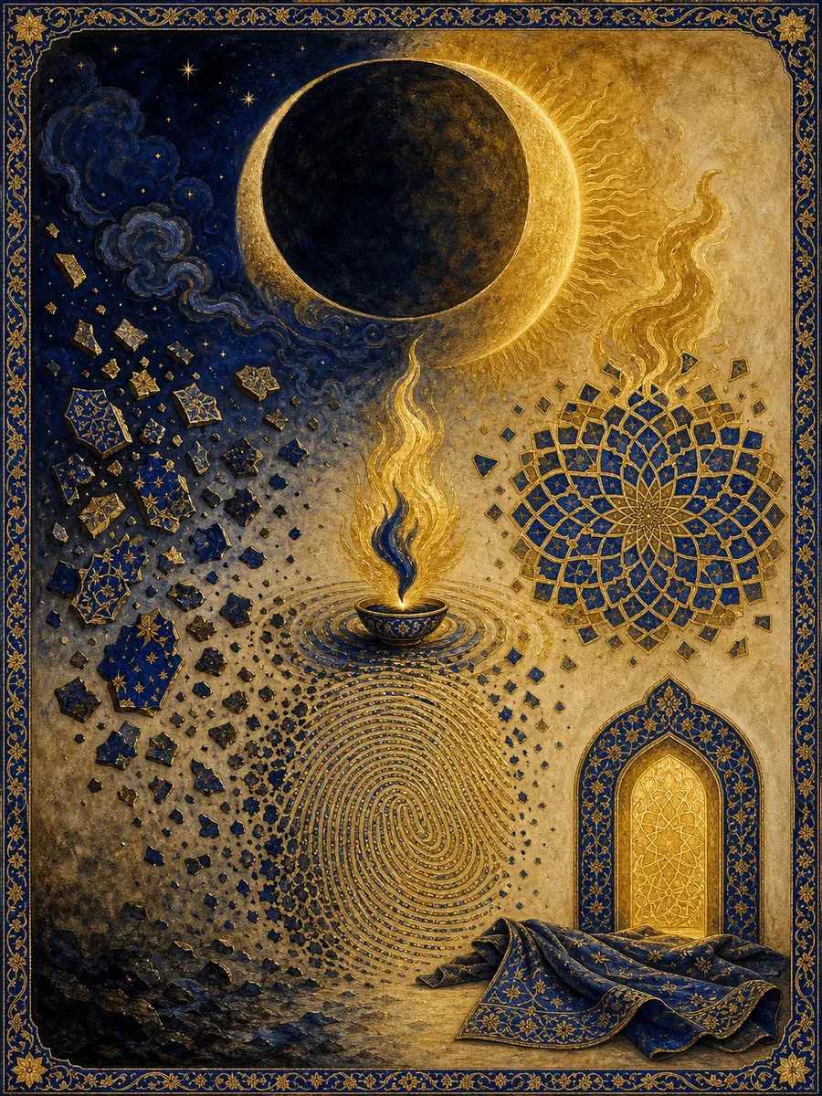 Editorial illuminated painting for Al-Qiyaama, sura 75